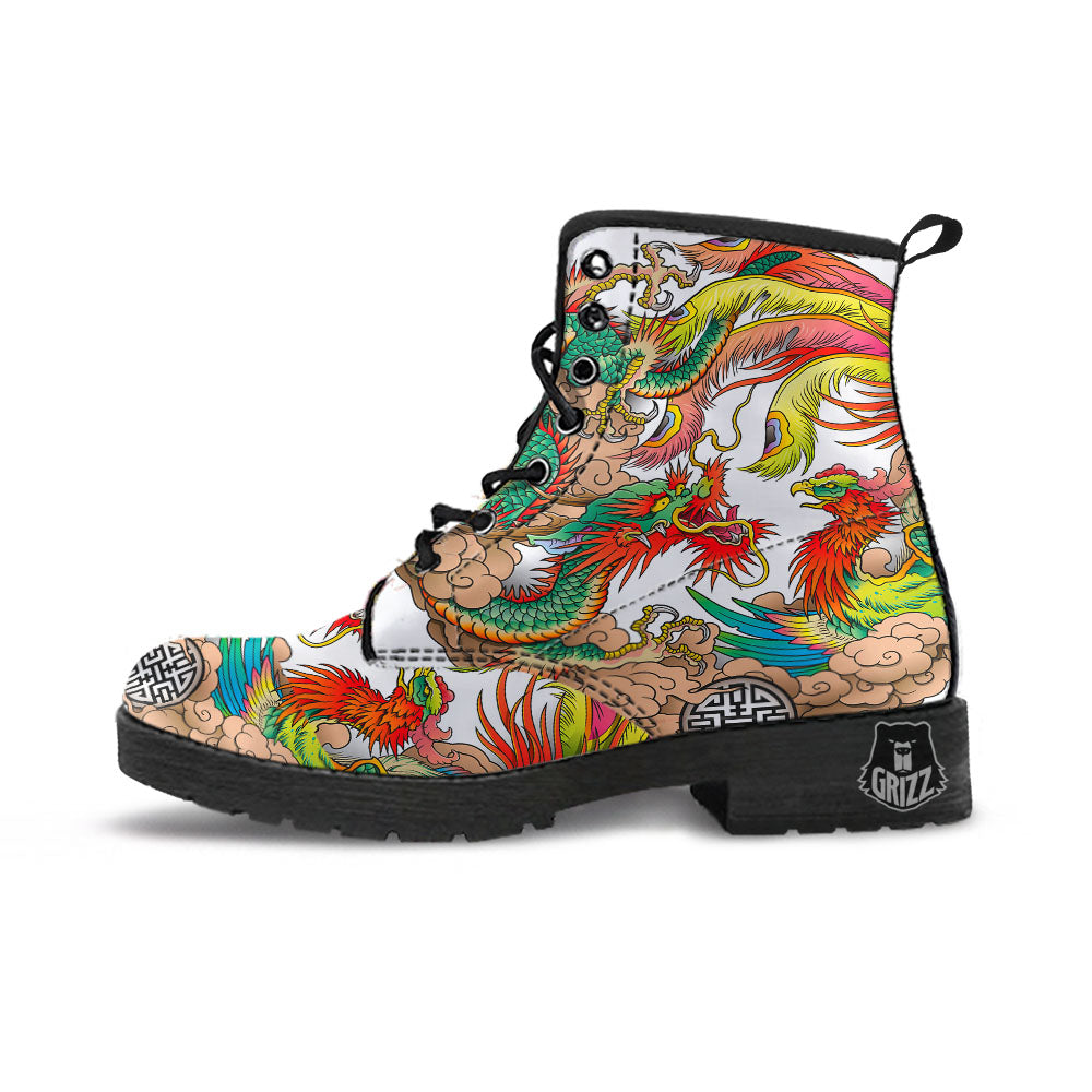 Phoenix And Dragon Japanese Tattoo Print Leather Boots-grizzshop