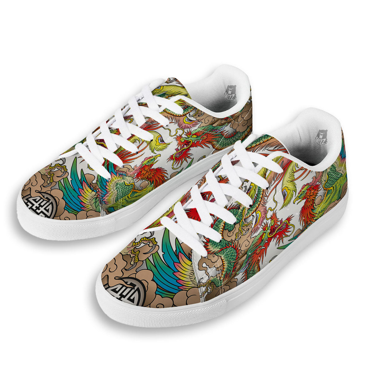 Phoenix And Dragon Japanese Tattoo Print White Low Top Sneakers-grizzshop