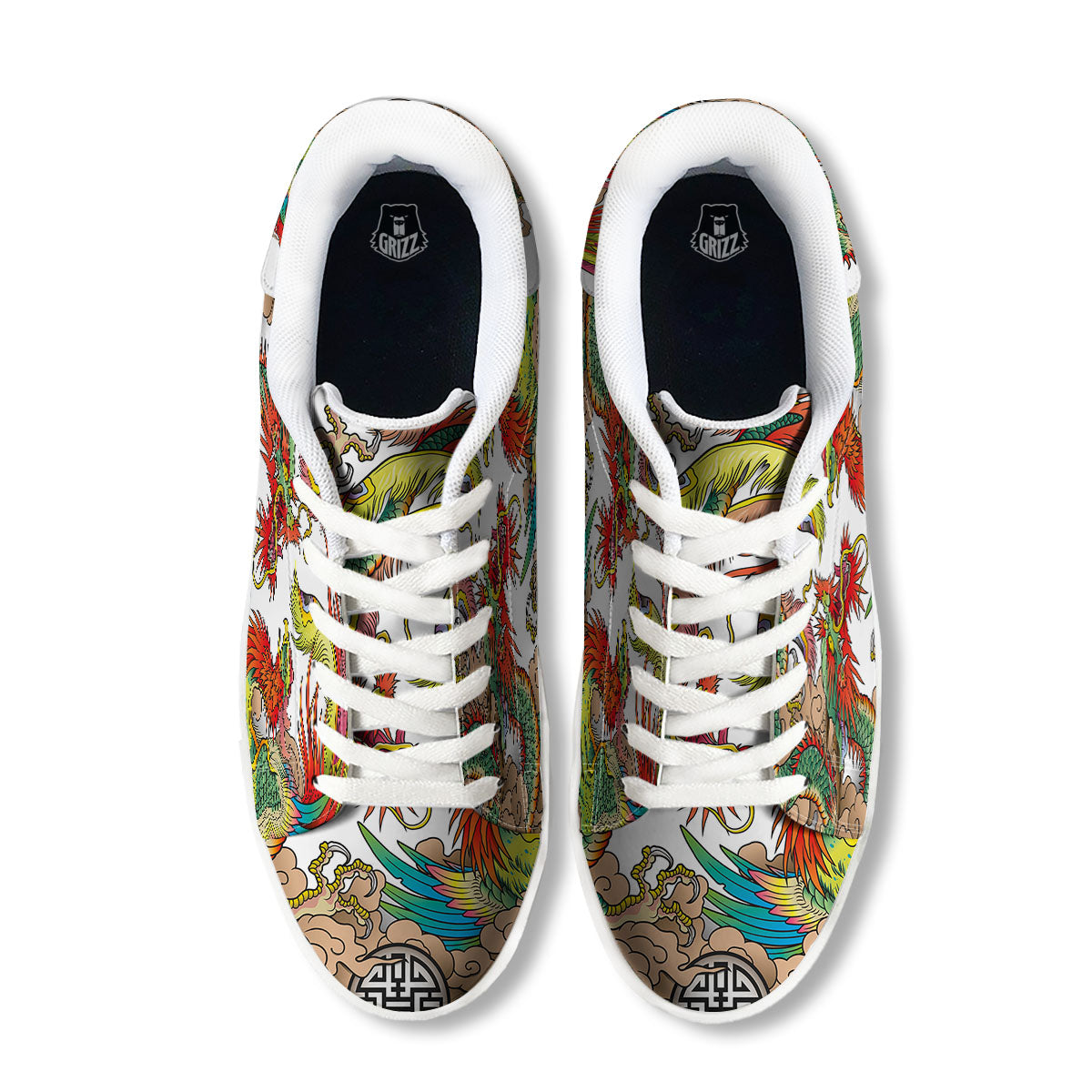 Phoenix And Dragon Japanese Tattoo Print White Low Top Sneakers-grizzshop