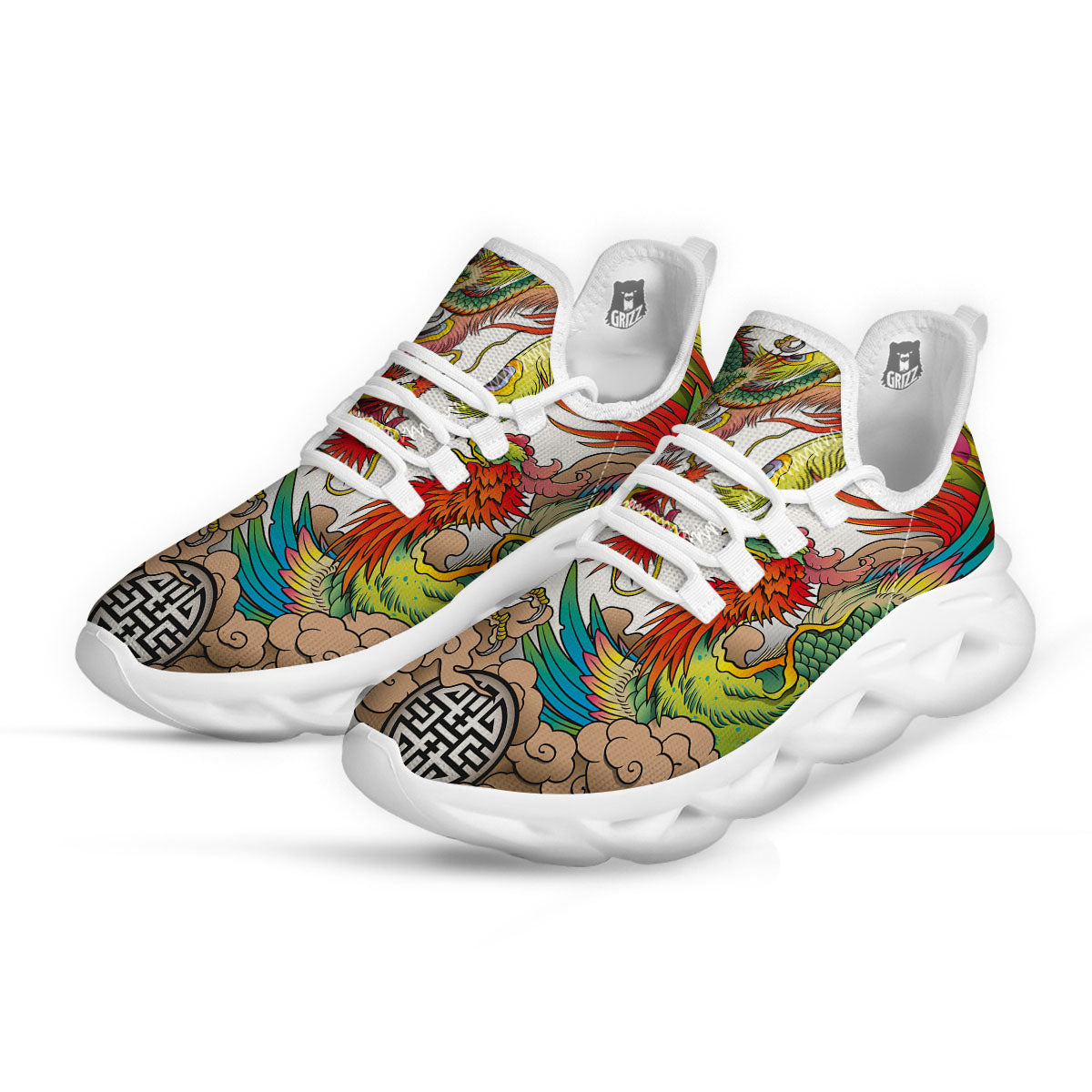 Phoenix And Dragon Japanese Tattoo Print White Running Shoes-grizzshop