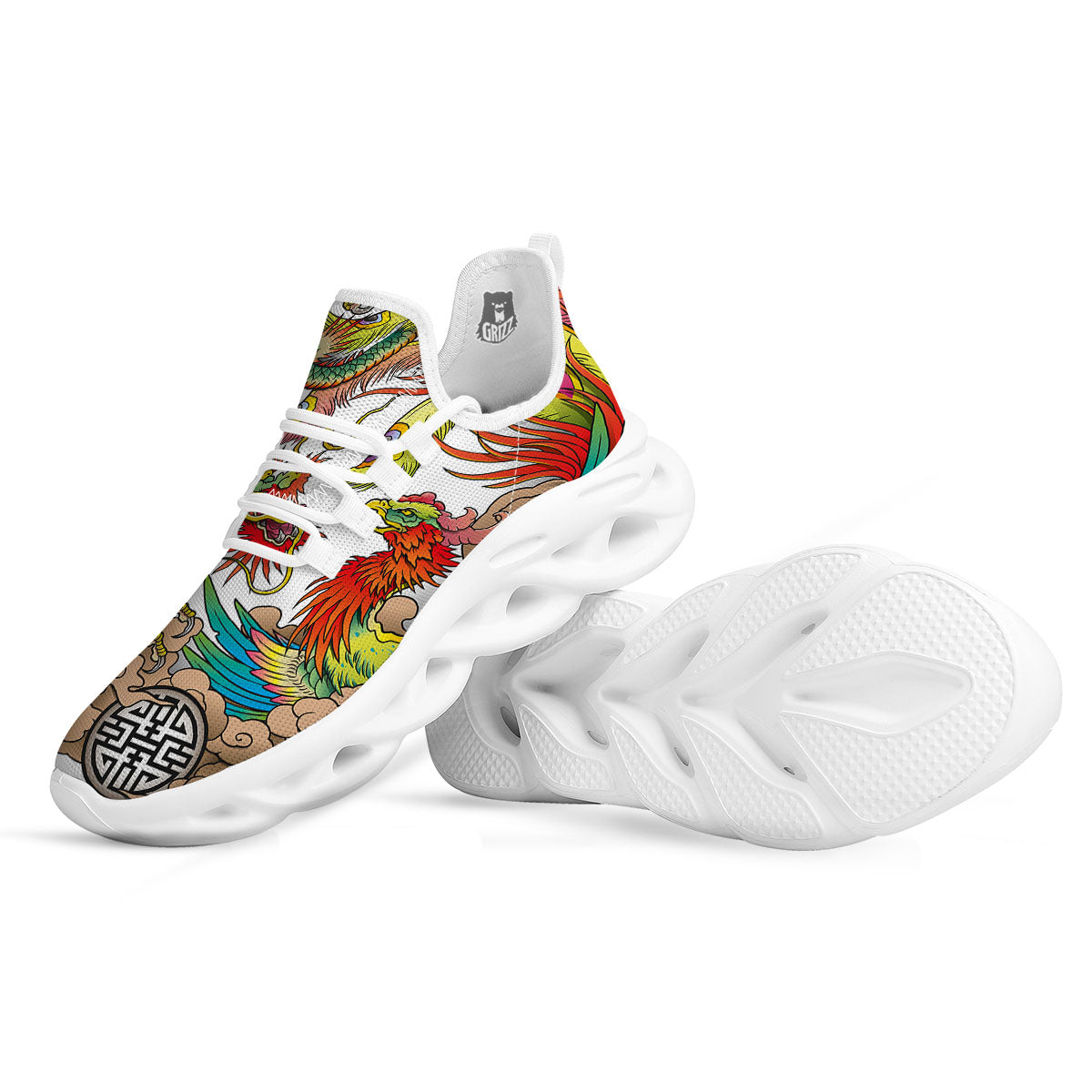 Phoenix And Dragon Japanese Tattoo Print White Running Shoes-grizzshop
