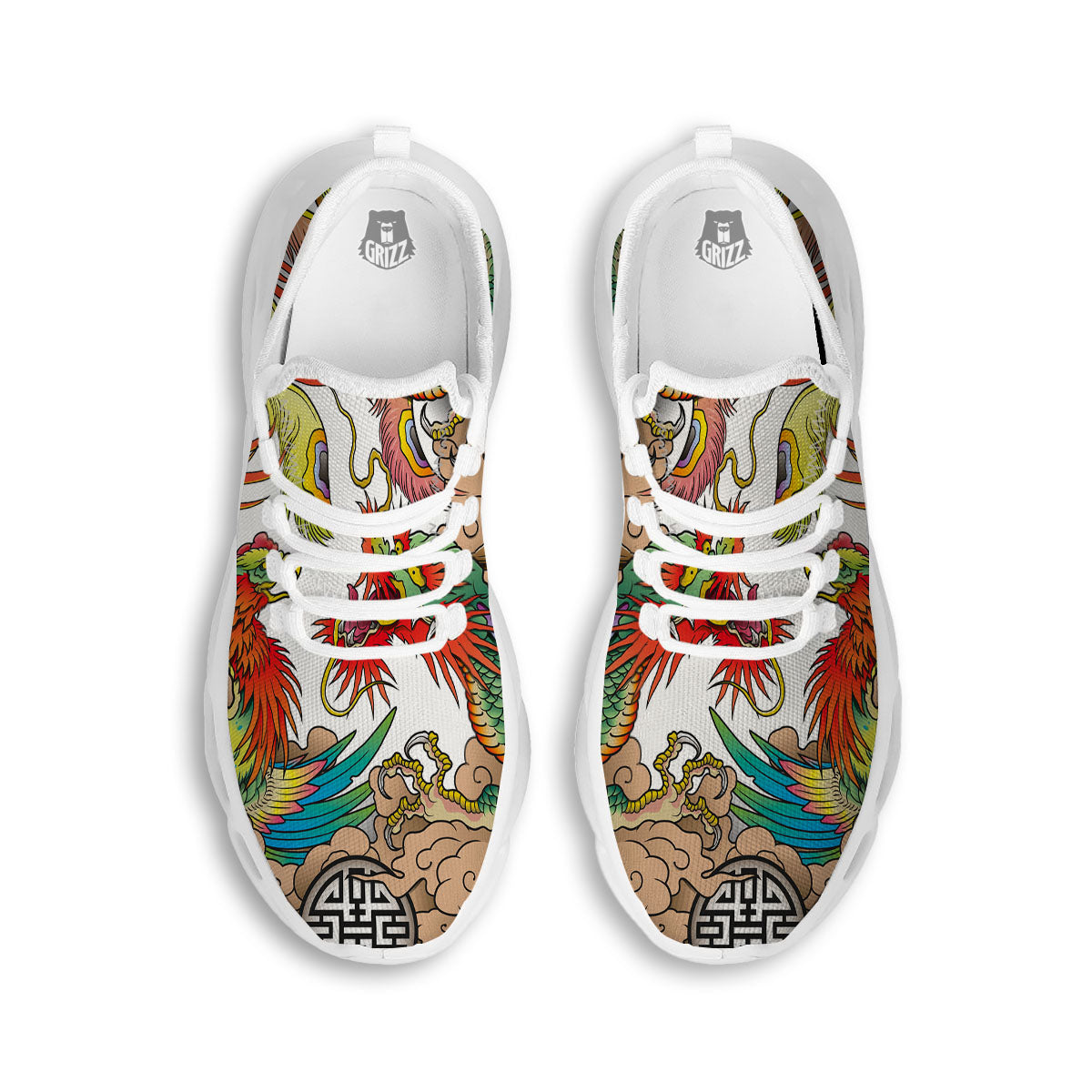 Phoenix And Dragon Japanese Tattoo Print White Running Shoes-grizzshop
