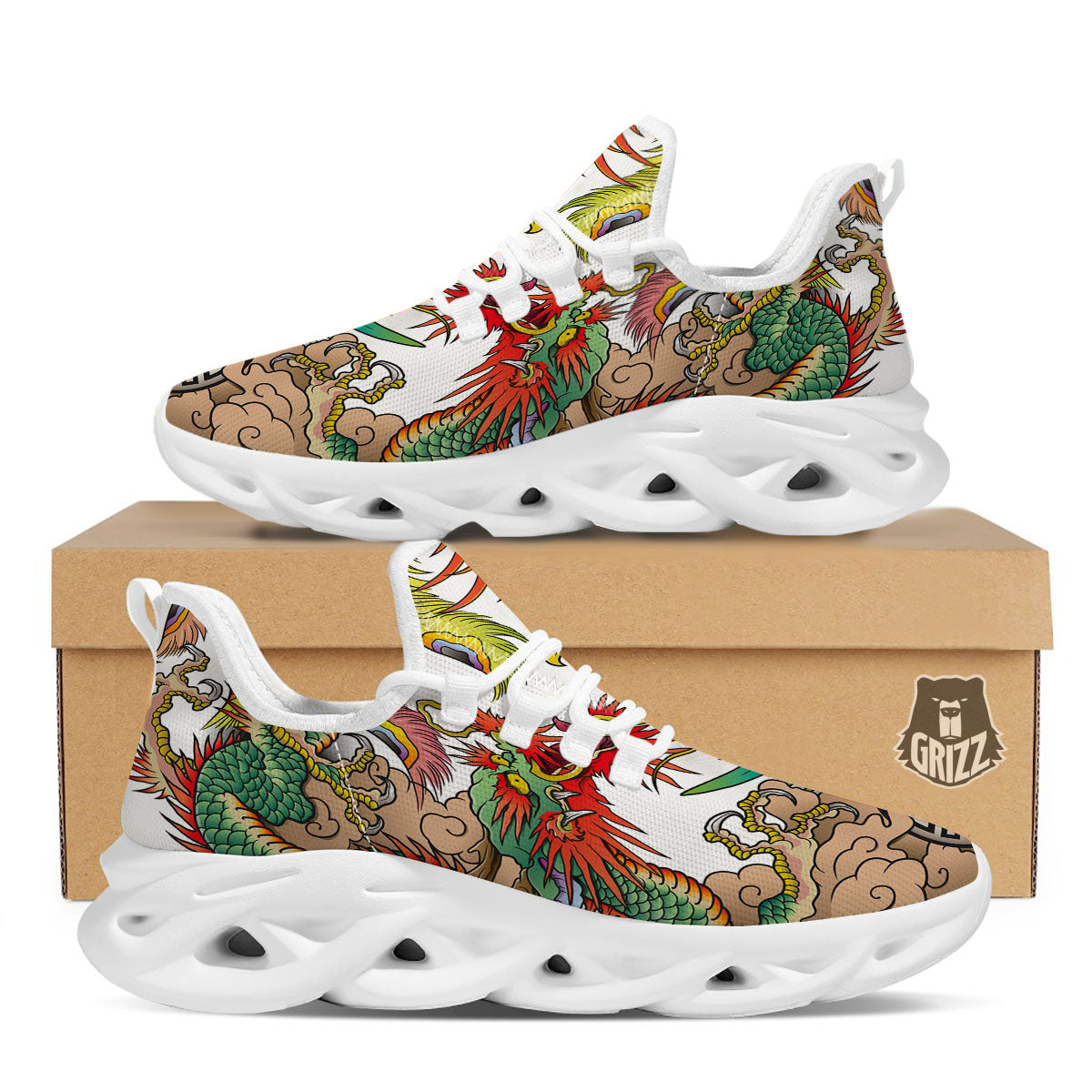 Phoenix And Dragon Japanese Tattoo Print White Running Shoes-grizzshop
