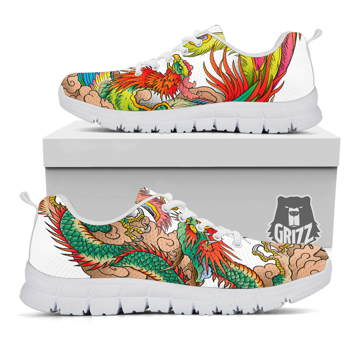 Phoenix And Dragon Japanese Tattoo Print White Sneaker-grizzshop