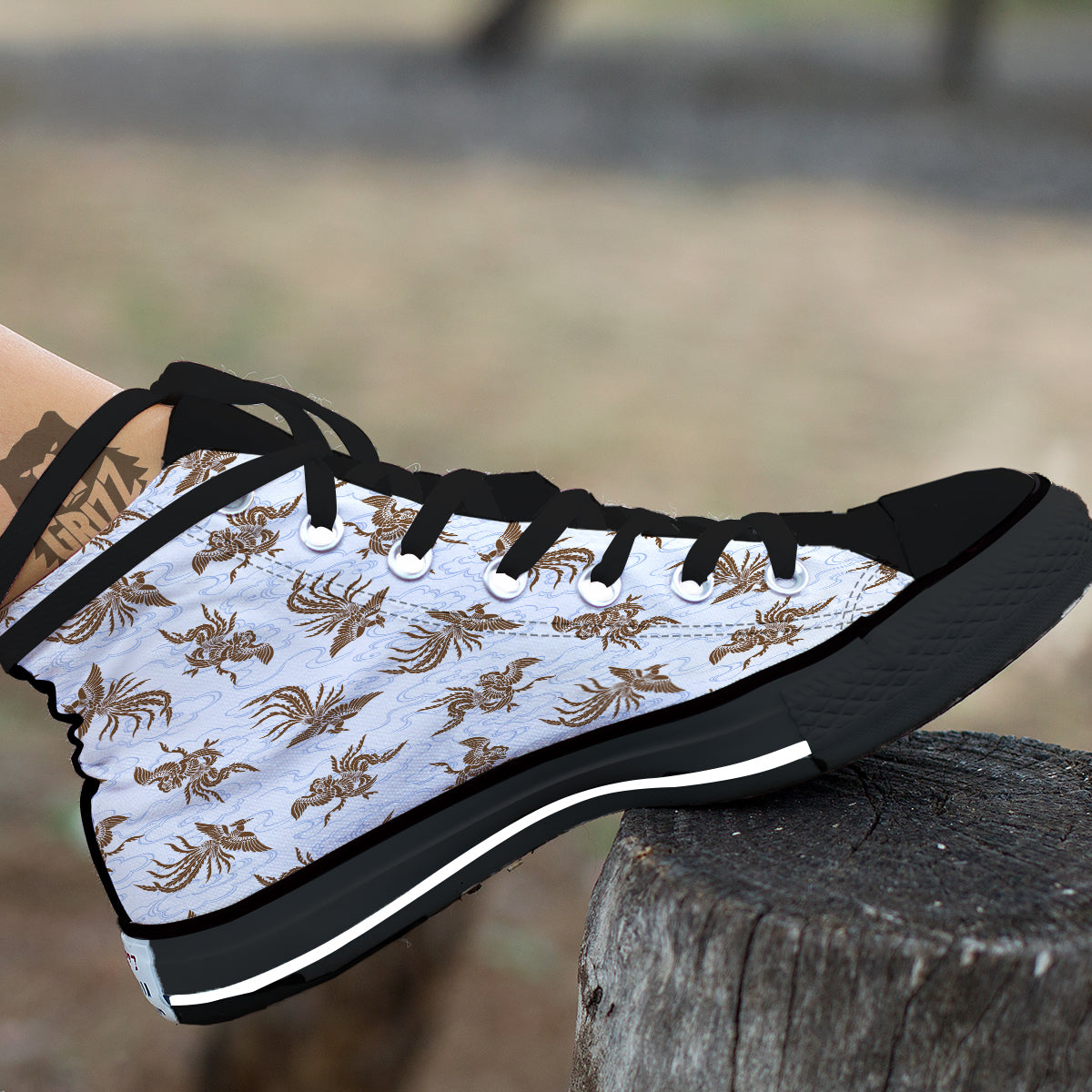 Phoenix Brown Print Pattern Black High Top Shoes-grizzshop