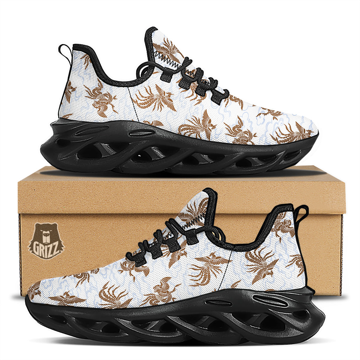 Phoenix Brown Print Pattern Black Running Shoes-grizzshop