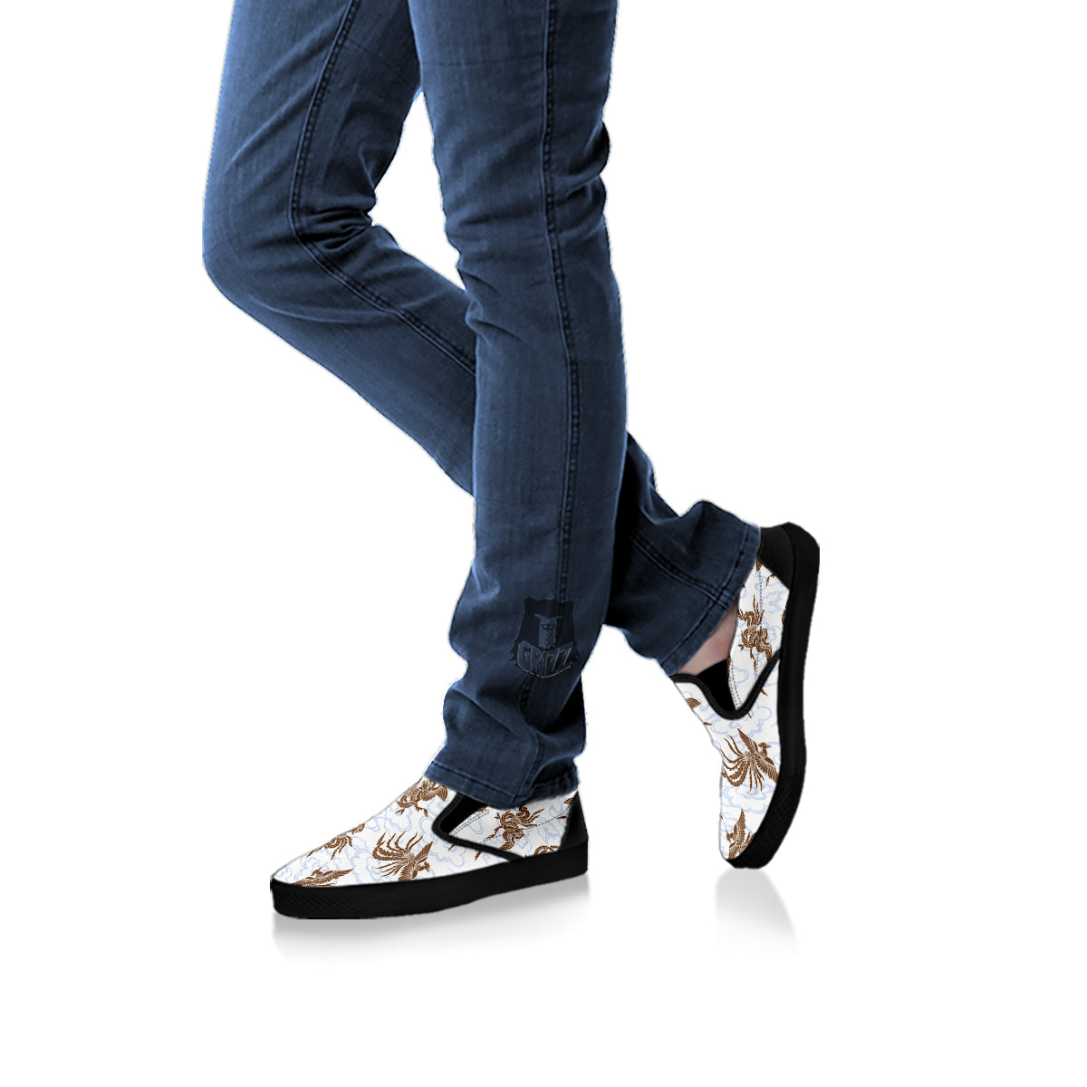 Phoenix Brown Print Pattern Black Slip On Shoes-grizzshop