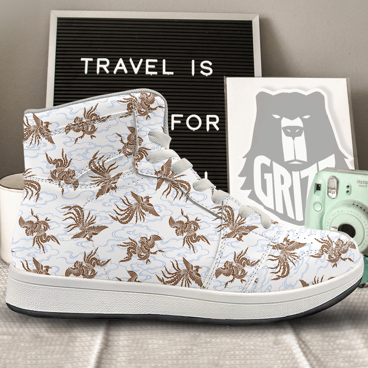 Phoenix Brown Print Pattern High Top Sneakers-grizzshop