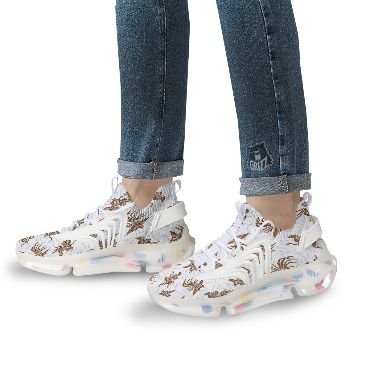 Phoenix Brown Print Pattern White Gym Shoes-grizzshop