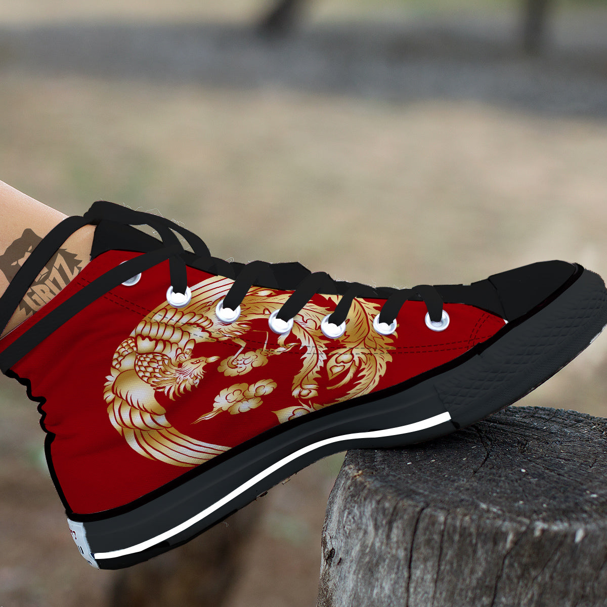 Phoenix Chinese Print Black High Top Shoes-grizzshop