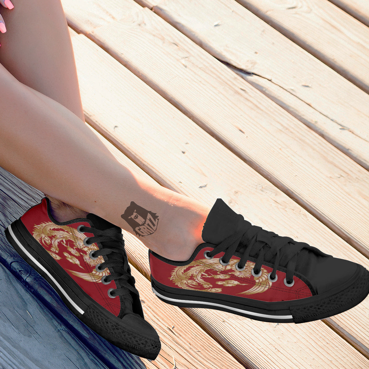 Phoenix Chinese Print Black Low Top Shoes-grizzshop