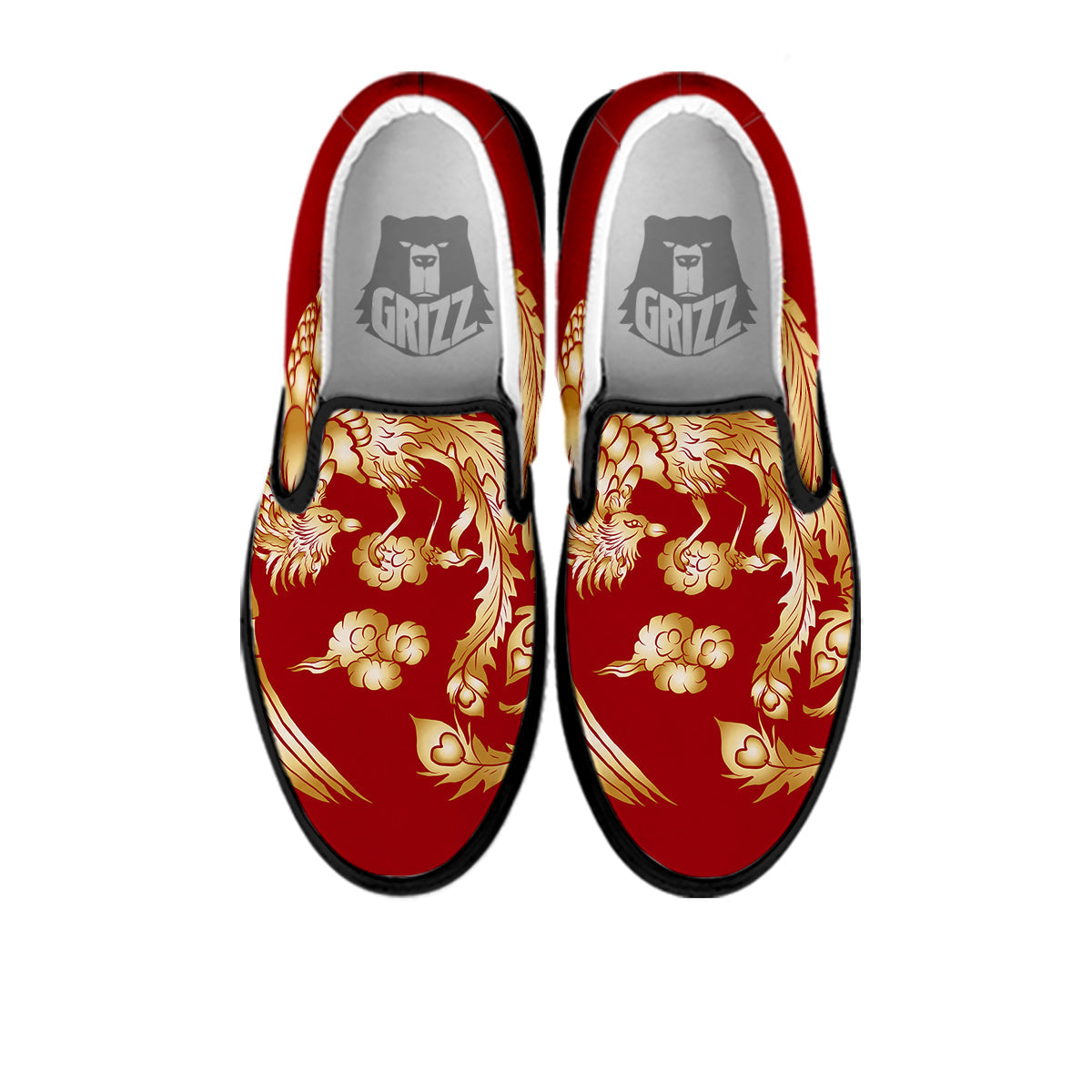 Phoenix Chinese Print Black Slip On Shoes-grizzshop