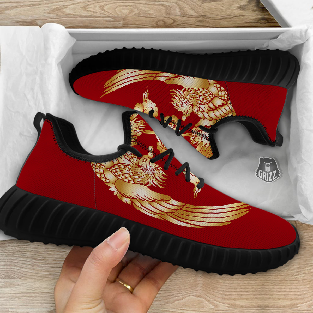 Phoenix Chinese Print Black Walking Shoes-grizzshop