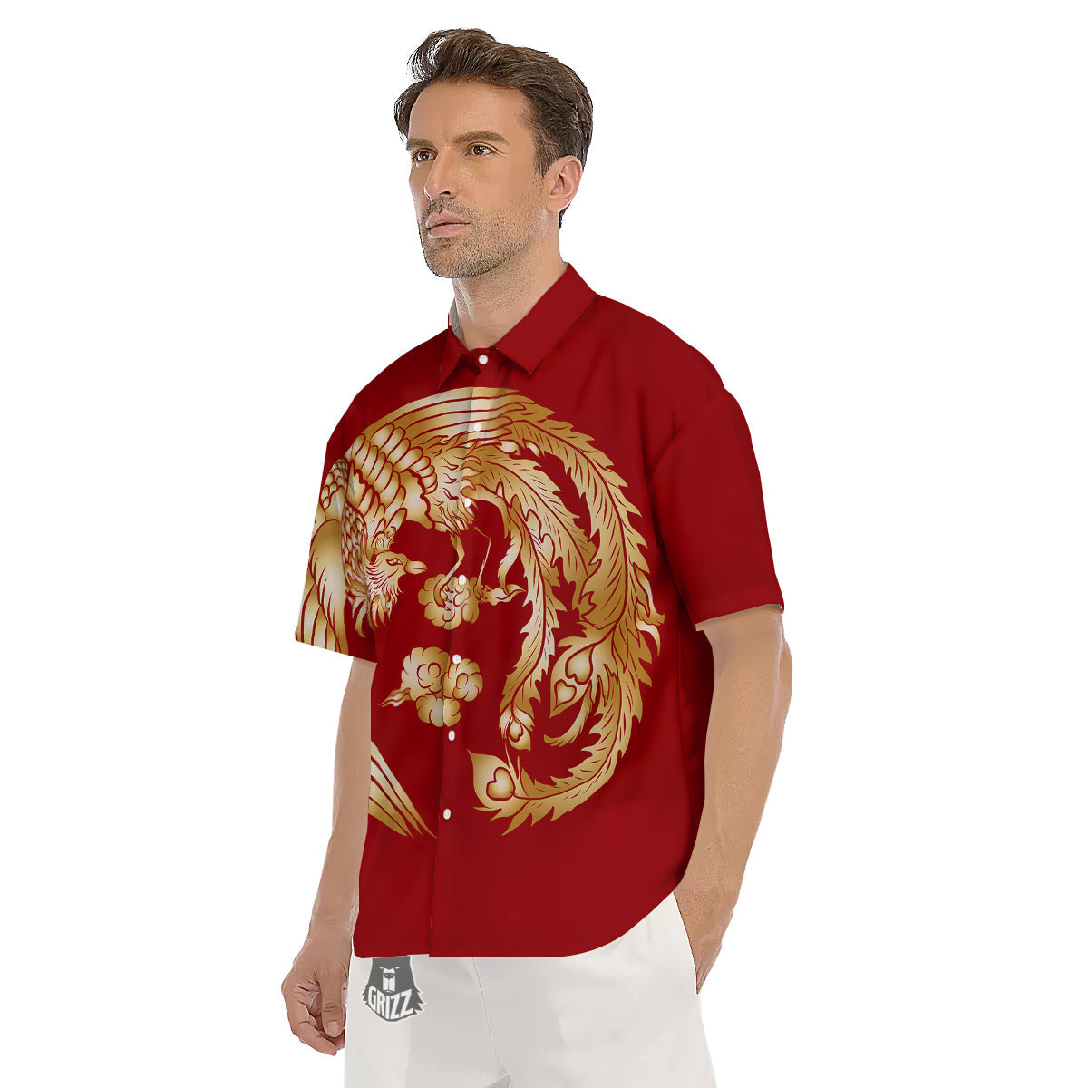 Phoenix Chinese Print Men's Short Sleeve Shirts-grizzshop