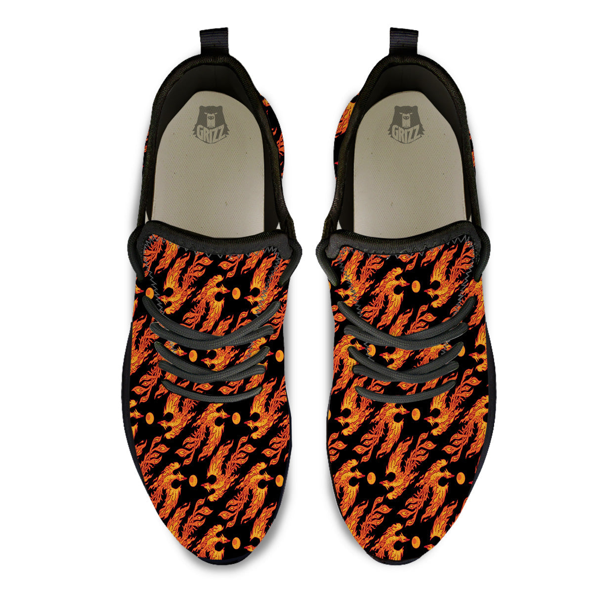 Phoenix Fire On Black Print Pattern Black Athletic Shoes-grizzshop