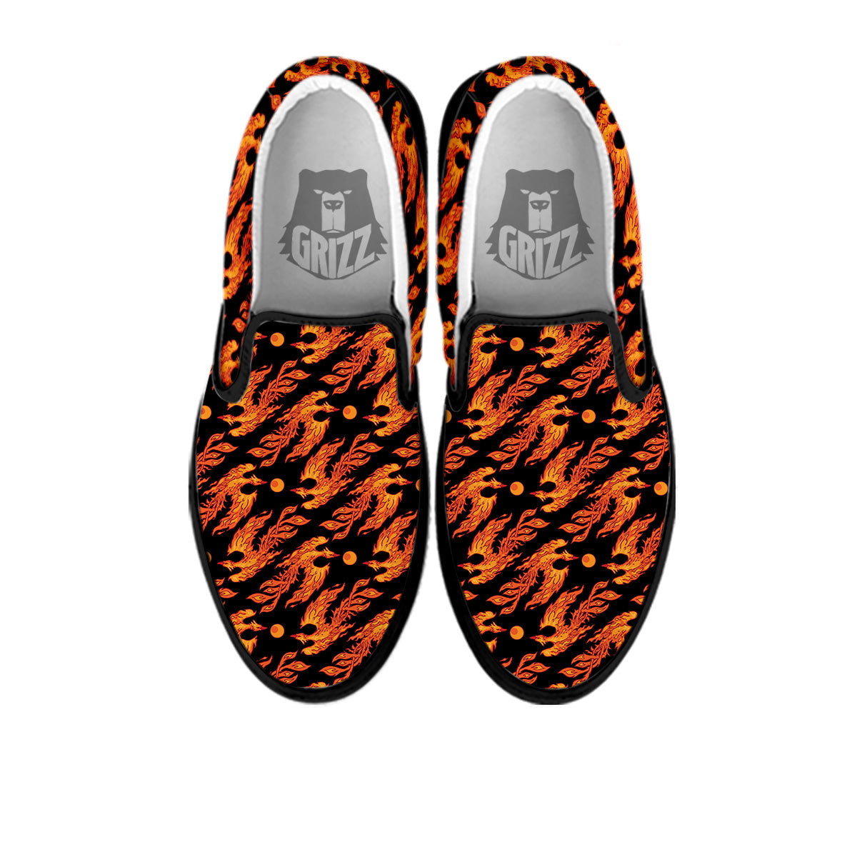 Phoenix Fire On Black Print Pattern Black Slip On Shoes-grizzshop