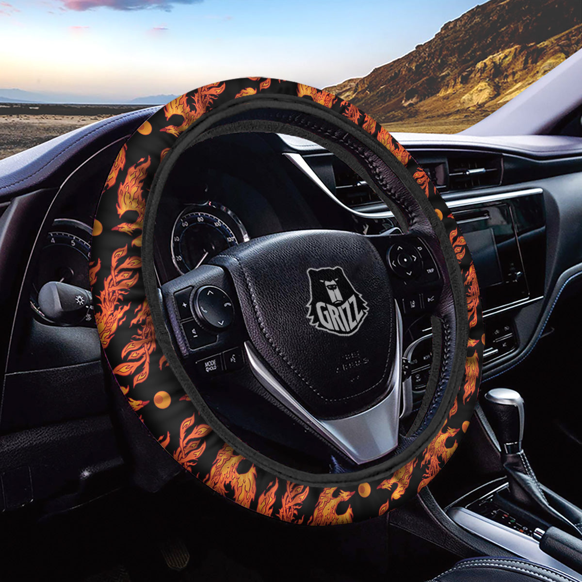 Phoenix Fire On Black Print Pattern Car Steering Wheel Cover-grizzshop