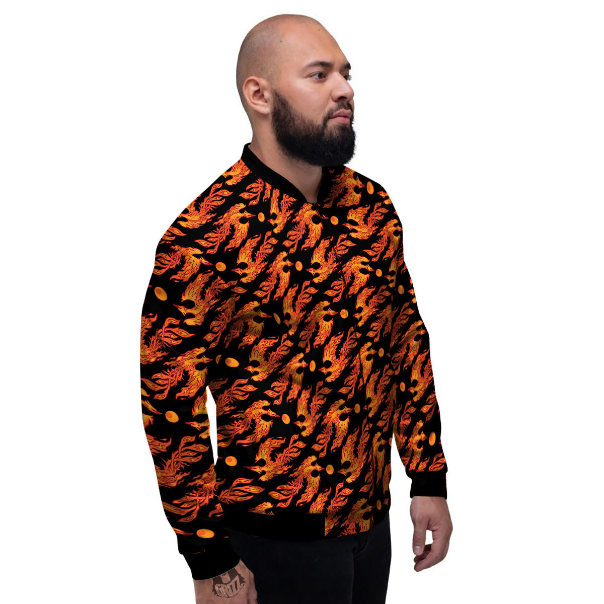 Phoenix Fire On Black Print Pattern Men's Bomber Jacket-grizzshop