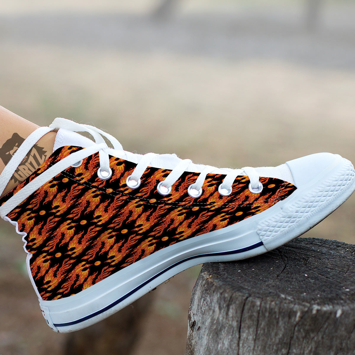 Phoenix Fire On Black Print Pattern White High Top Shoes-grizzshop
