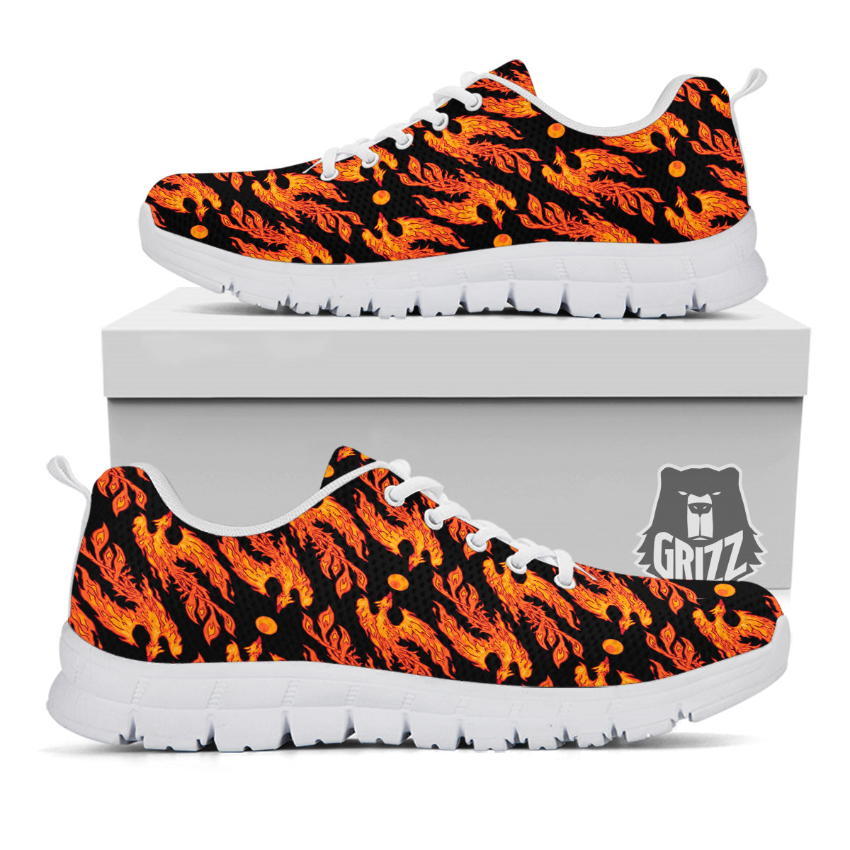 Phoenix Fire On Black Print Pattern White Sneaker-grizzshop