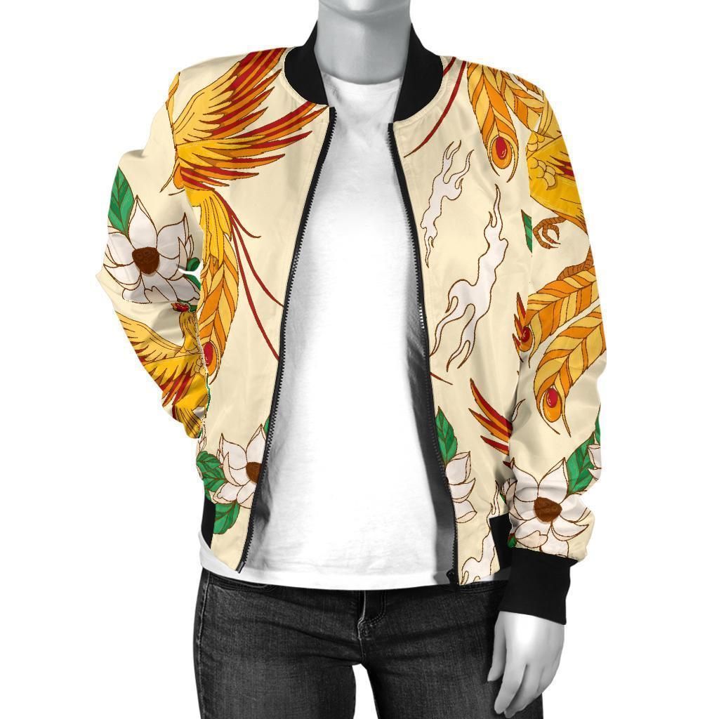 Phoenix Floral Pattern Print Women Casual Bomber Jacket-grizzshop
