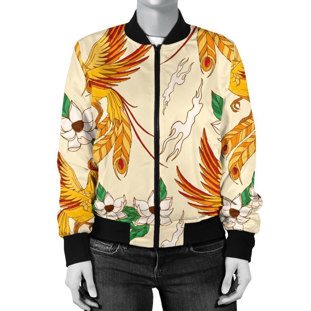 Phoenix Floral Pattern Print Women Casual Bomber Jacket-grizzshop