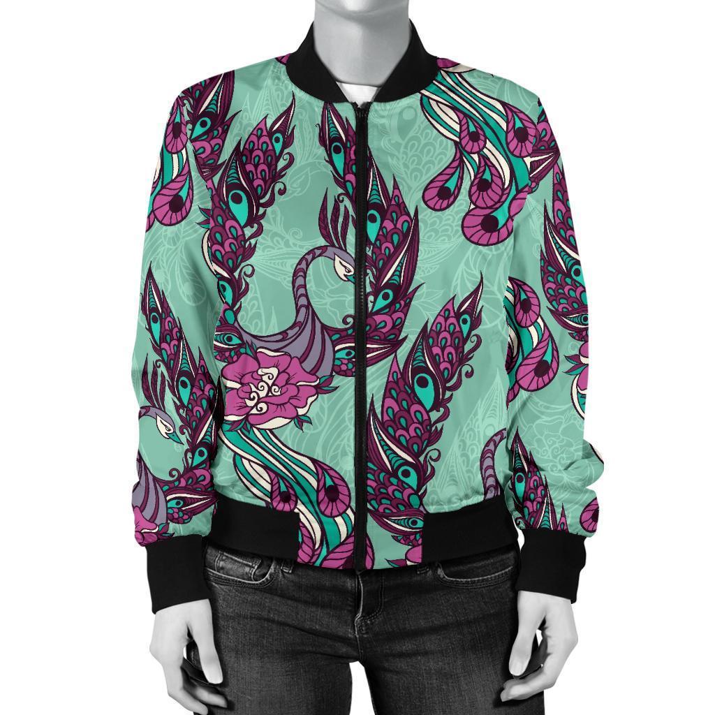 Phoenix Floral Print Pattern Women Casual Bomber Jacket-grizzshop