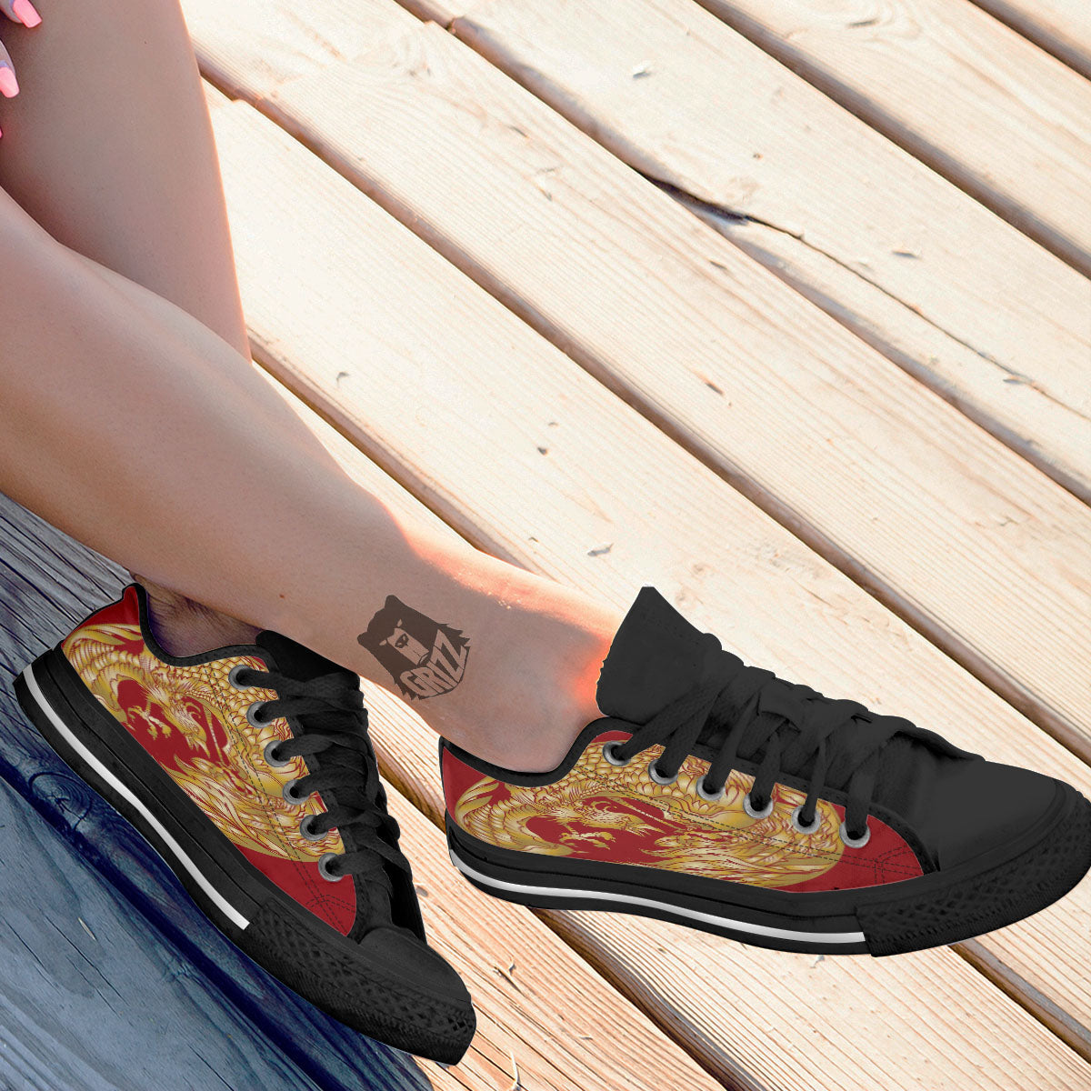 Phoenix Japanese Print Black Low Top Shoes-grizzshop