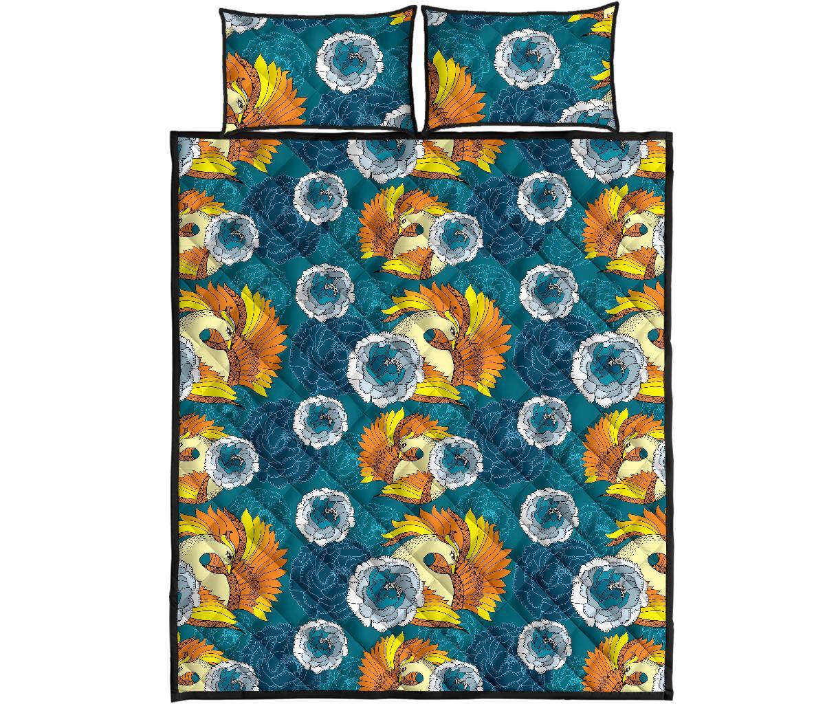 Phoenix Pattern Print Floral Bed Set Quilt-grizzshop