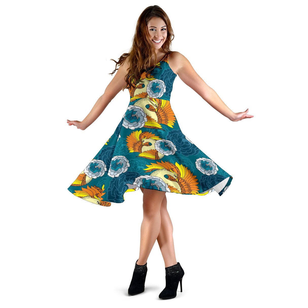 Phoenix Pattern Print Floral Dress-grizzshop