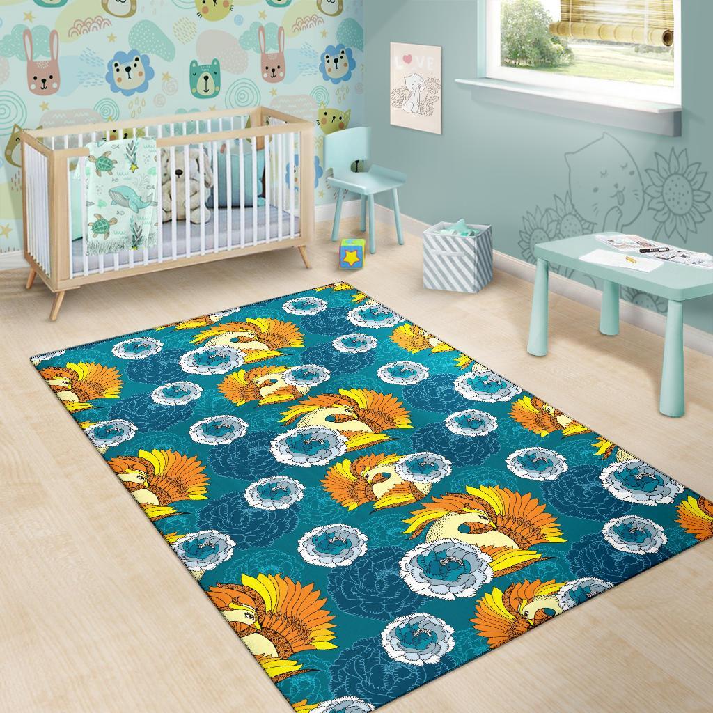 Phoenix Pattern Print Floral Floor Mat-grizzshop