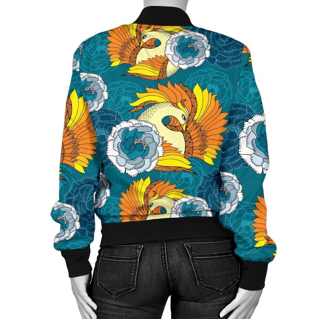 Phoenix Pattern Print Floral Women Casual Bomber Jacket-grizzshop