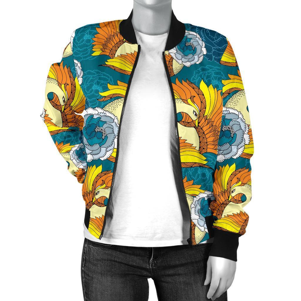 Phoenix Pattern Print Floral Women Casual Bomber Jacket-grizzshop