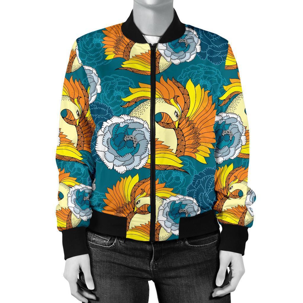 Phoenix Pattern Print Floral Women Casual Bomber Jacket-grizzshop