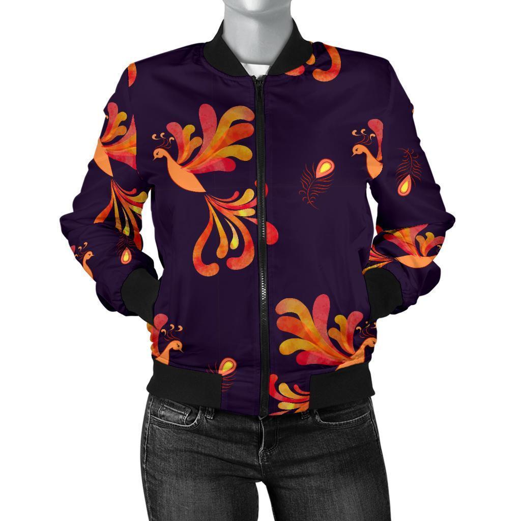 Phoenix Print Pattern Women Casual Bomber Jacket-grizzshop