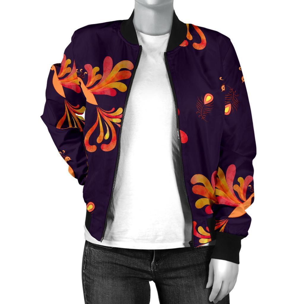 Phoenix Print Pattern Women Casual Bomber Jacket-grizzshop
