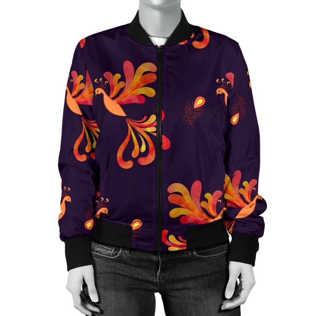 Phoenix Print Pattern Women Casual Bomber Jacket-grizzshop