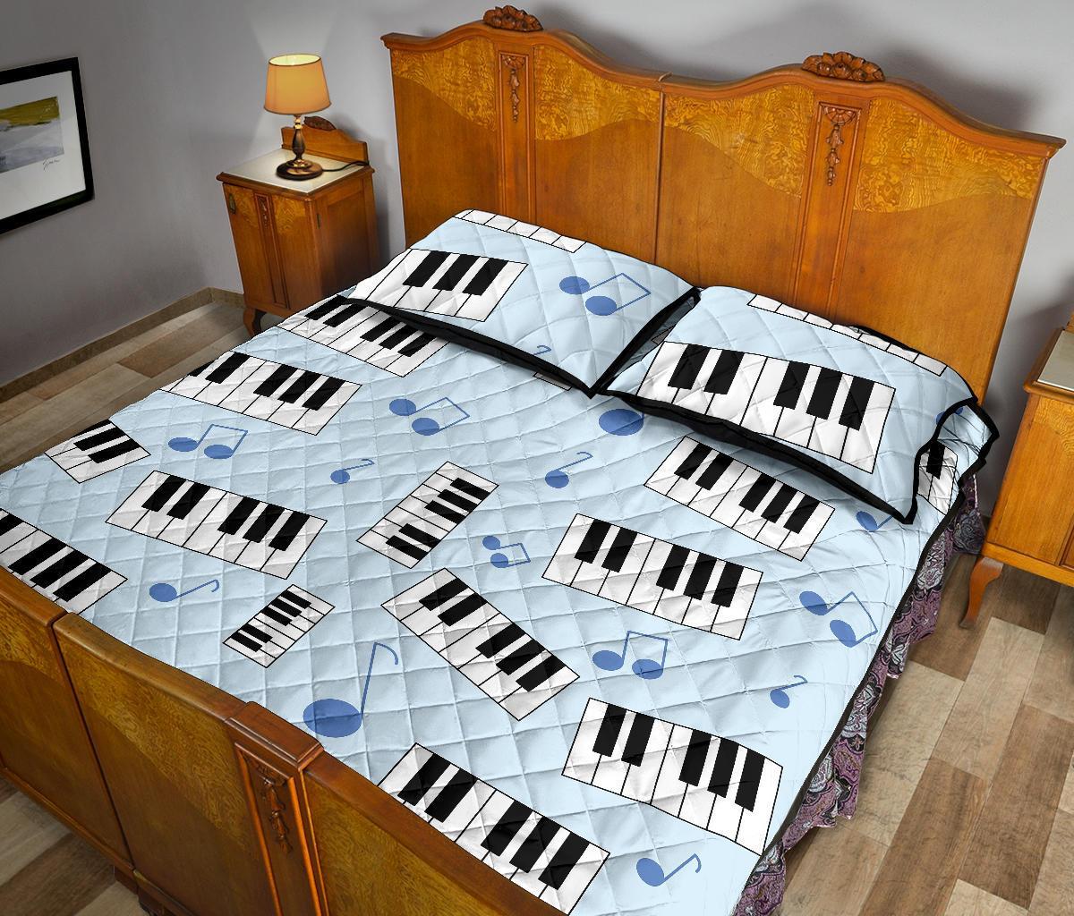Piano Blue Pattern Print Bed Set Quilt-grizzshop