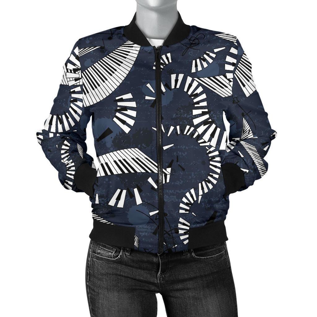 Piano Black Pattern Print Women Casual Bomber Jacket-grizzshop