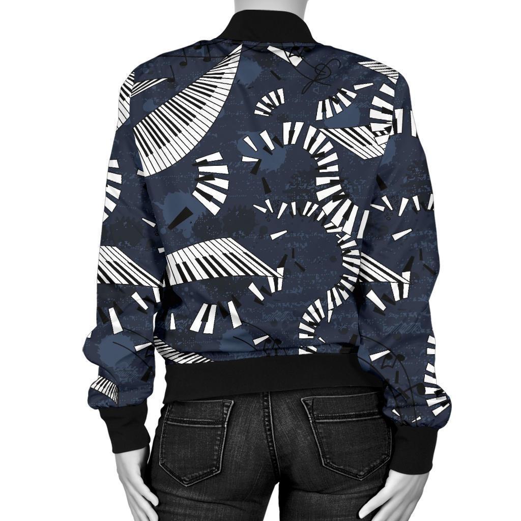 Piano Black Pattern Print Women Casual Bomber Jacket-grizzshop