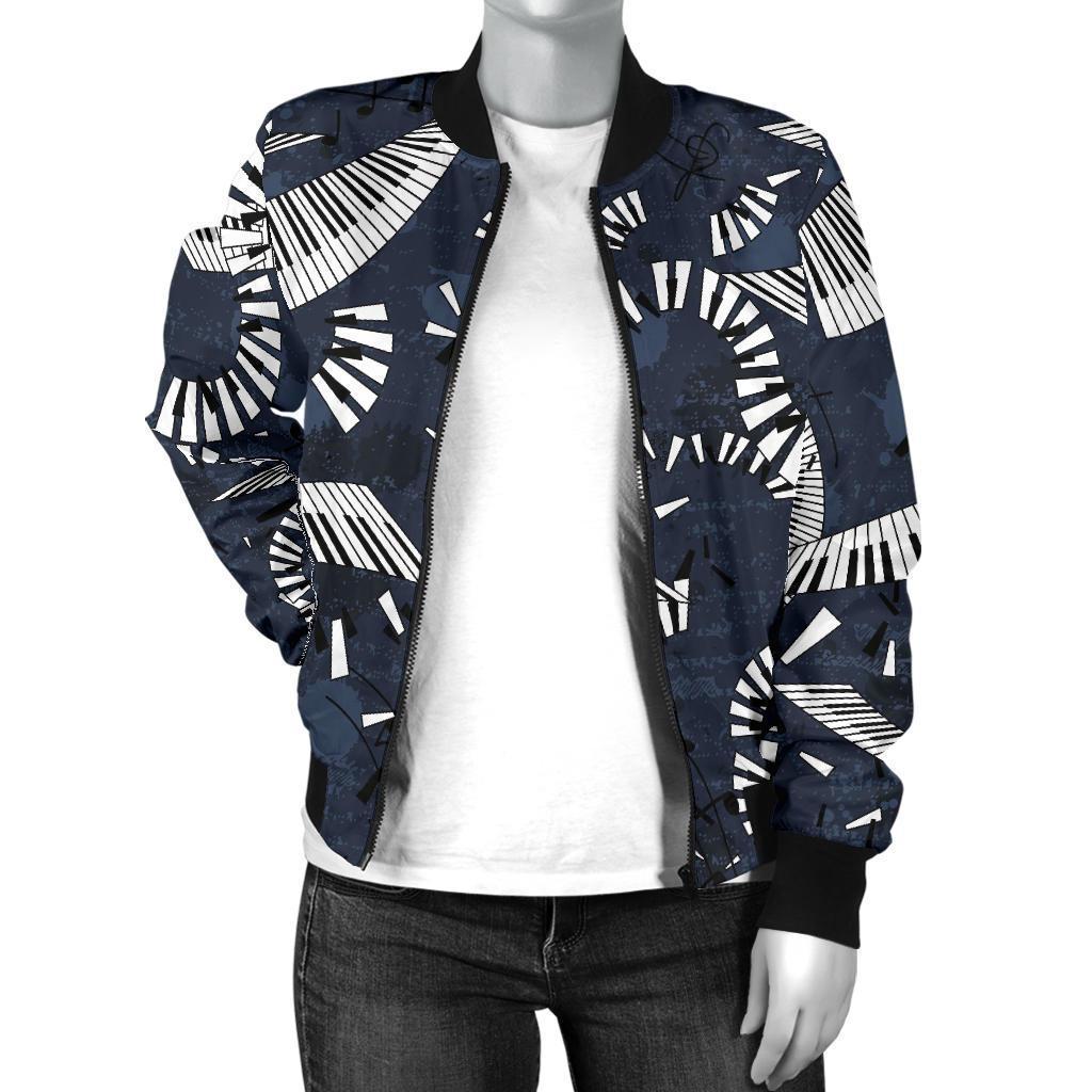 Piano Black Pattern Print Women Casual Bomber Jacket-grizzshop