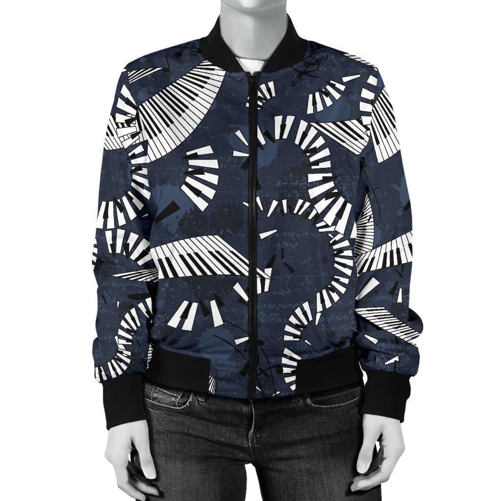 Piano Black Pattern Print Women Casual Bomber Jacket-grizzshop