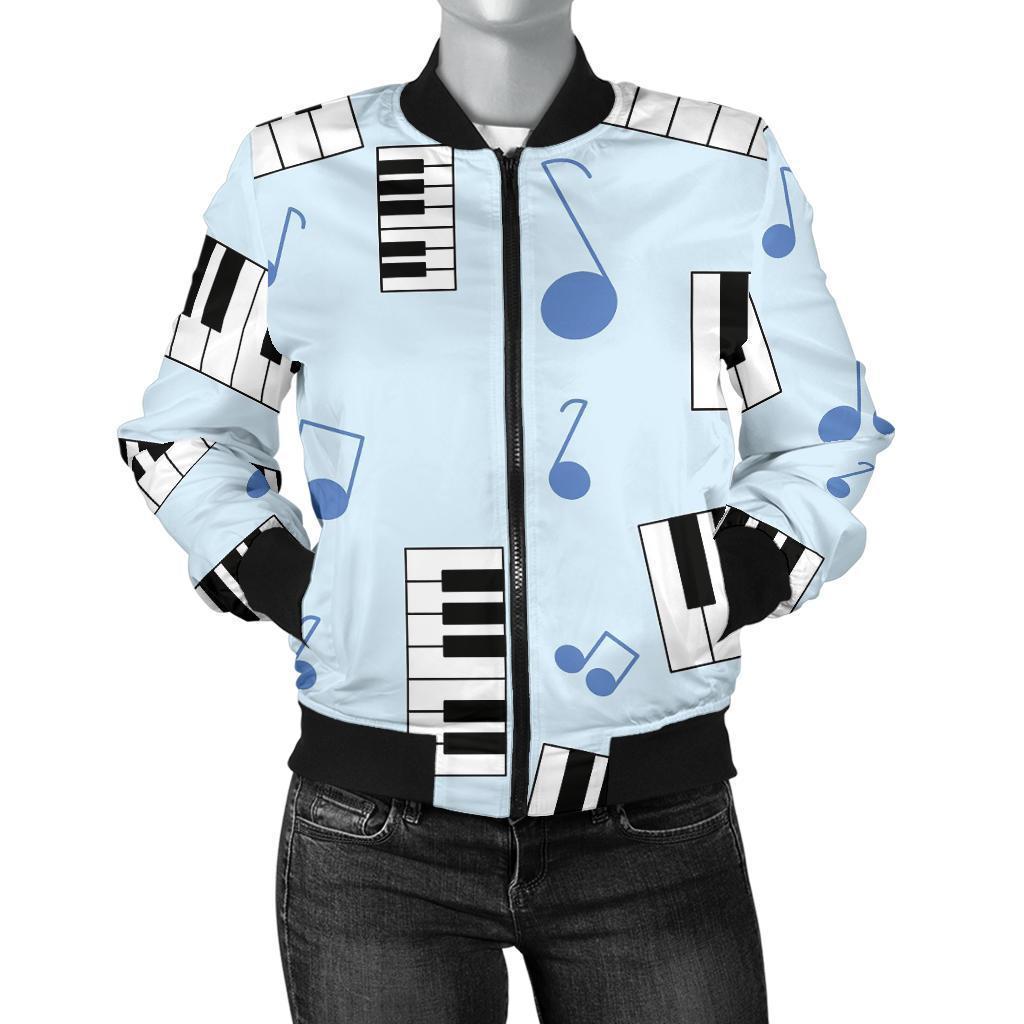 Piano Blue Pattern Print Women Casual Bomber Jacket-grizzshop