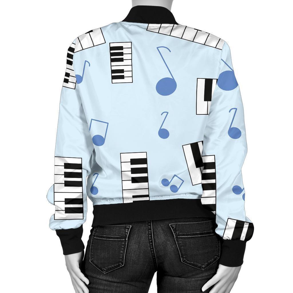 Piano Blue Pattern Print Women Casual Bomber Jacket-grizzshop