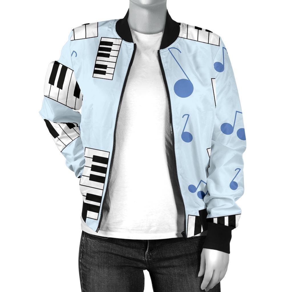Piano Blue Pattern Print Women Casual Bomber Jacket-grizzshop
