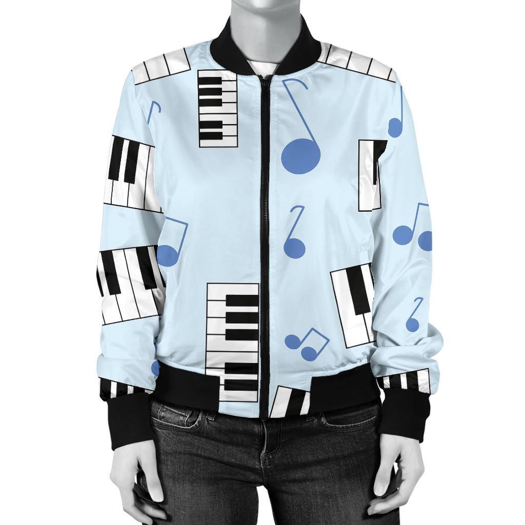 Piano Blue Pattern Print Women Casual Bomber Jacket-grizzshop