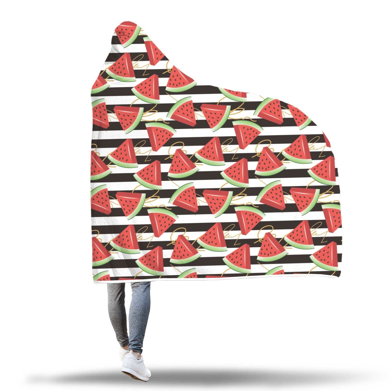 Piece Watermelon Stripe Black Pattern Print Hooded Blanket-grizzshop