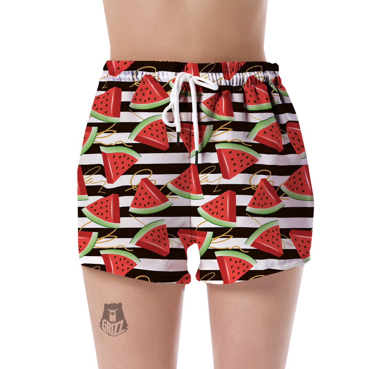 Piece Watermelon Stripe Black Pattern Print Women's Shorts-grizzshop