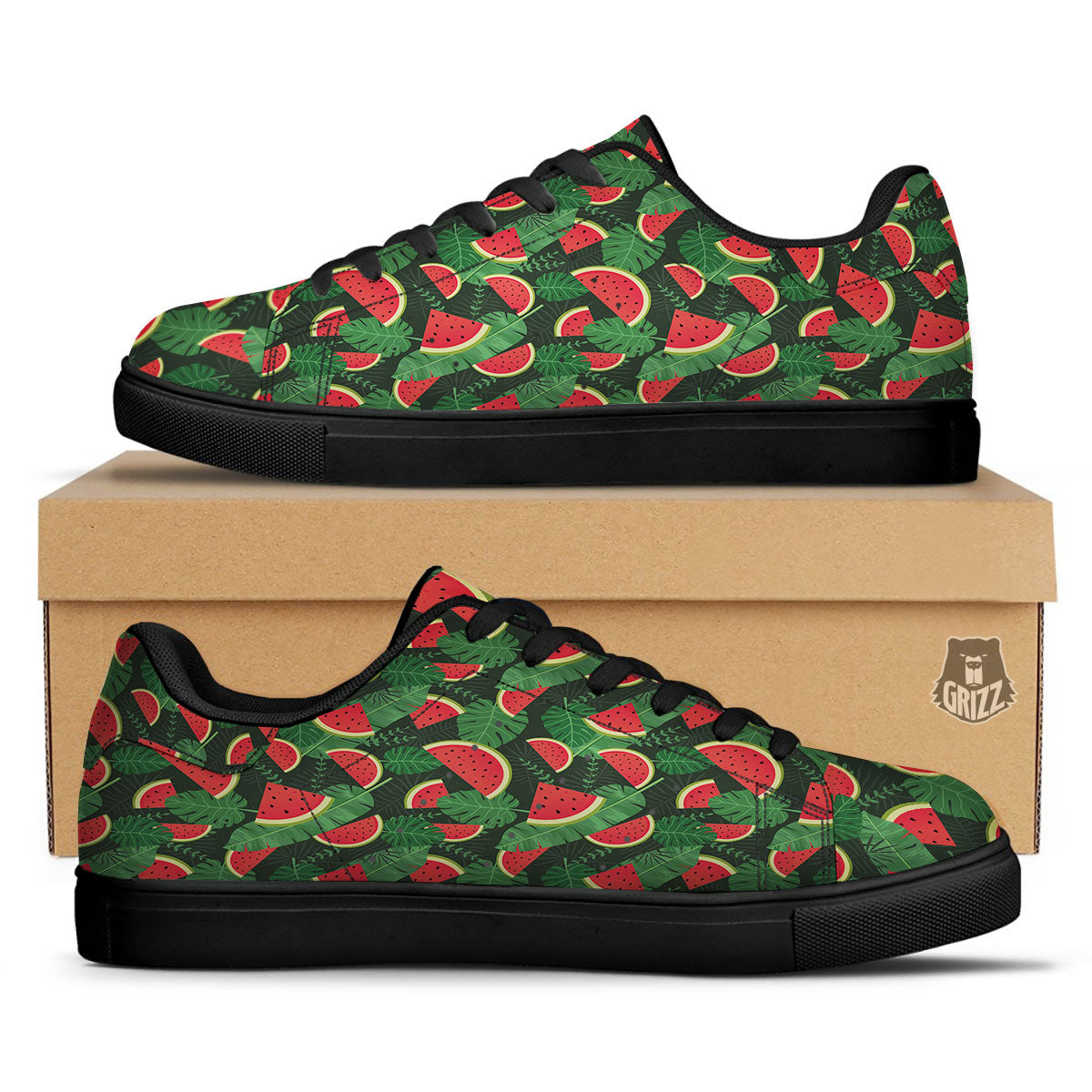 Pieces Leaf Watermelon Print Pattern Black Low Top Sneakers-grizzshop