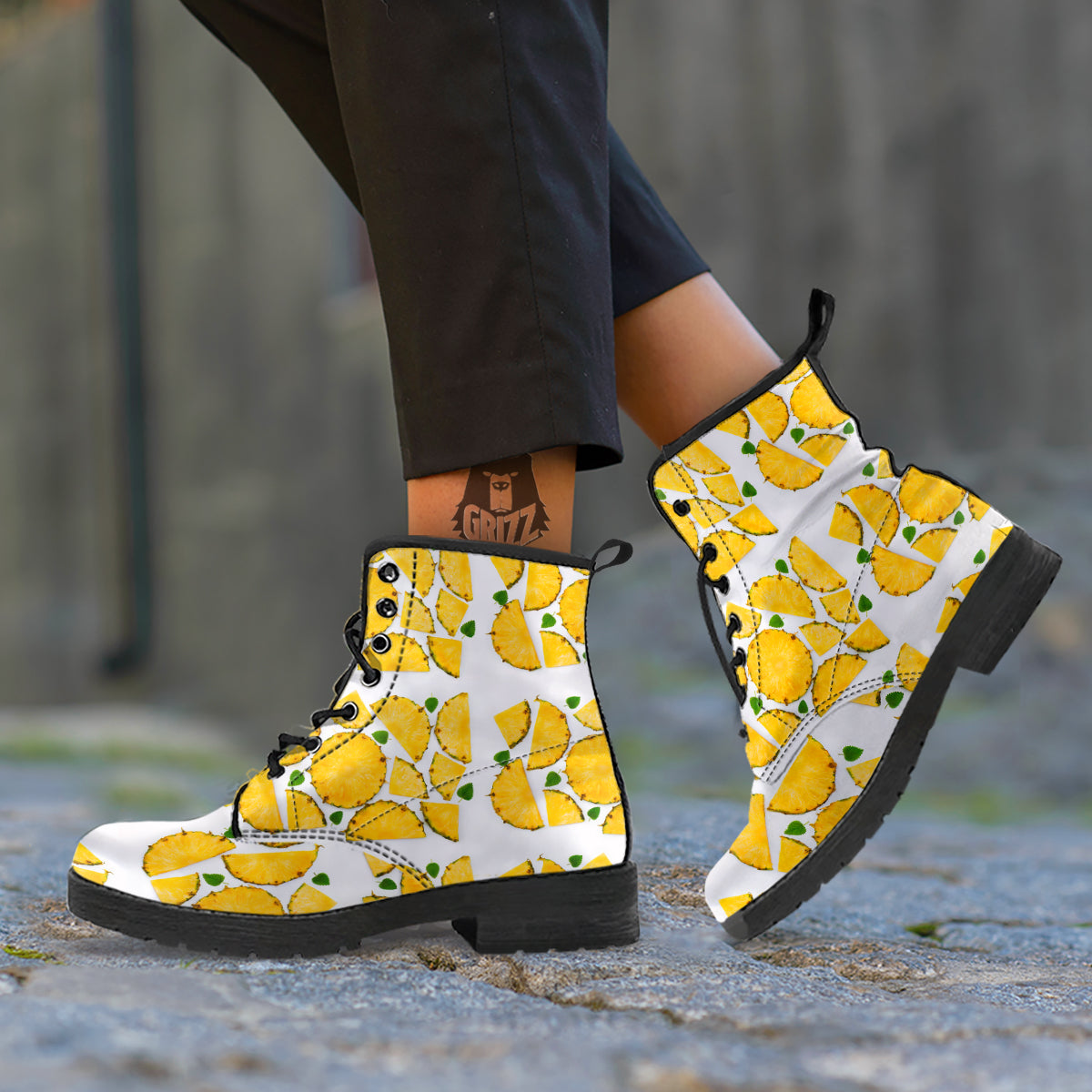 Pieces Pineapple Yellow Print Pattern Leather Boots-grizzshop